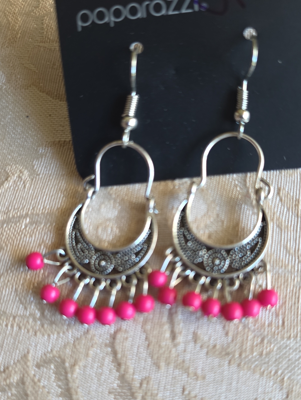 paparazzi Silver Crescent Dangle Earrings with Hot Pink Beads